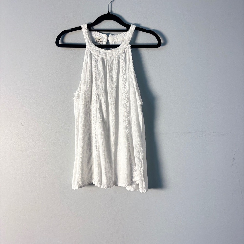 Blanco White Cotton Halter Top Crochet Lace Trim Boho Gauze Blouse Large